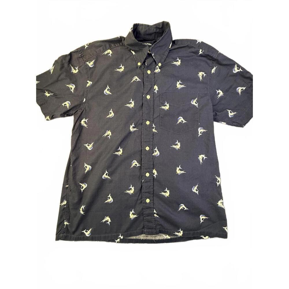 Nautica Shirt Men Medium Marlin Fish Print Short Sleeve Button Up Casual Fishing